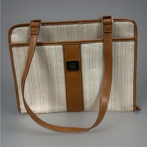 Liz Claiborne Y2K 90’s Vintage Tan & Cream Woven Bag w/leather trim 9X13X5